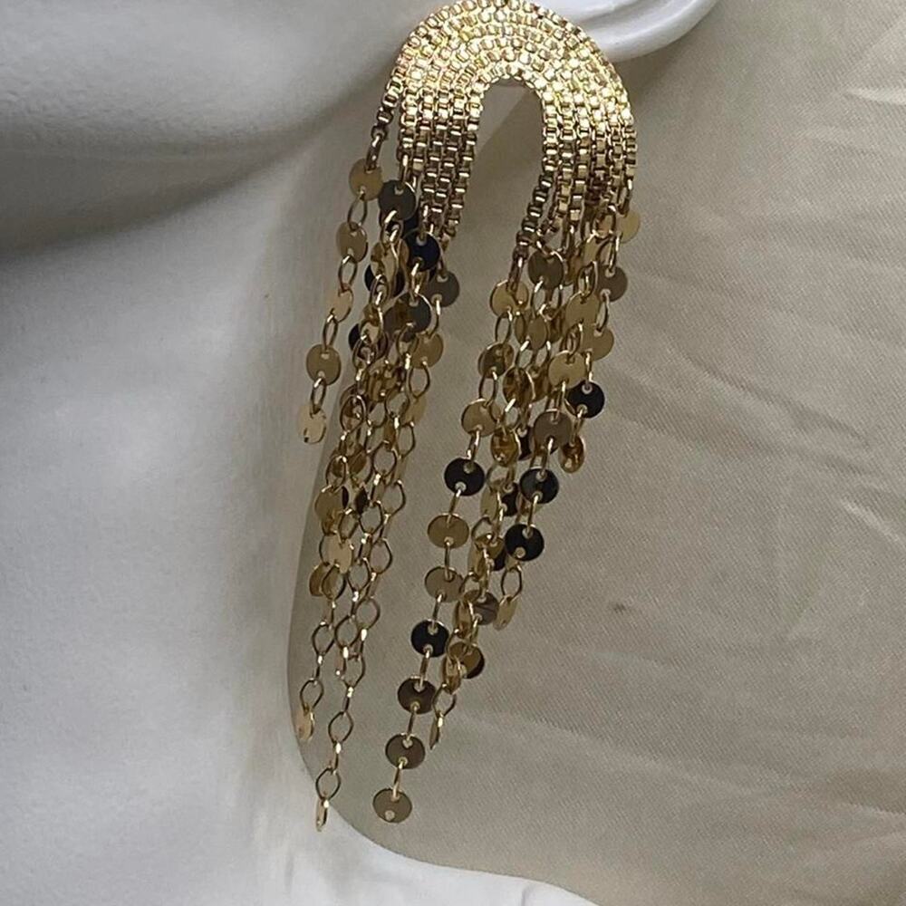 Vintage 1970s Gold Paillette Waterfall Fringe Chandelier Pierced Earrings